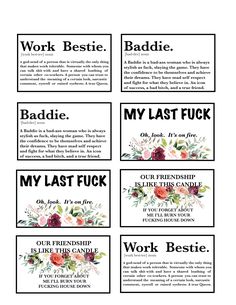 four different types of business cards with flowers and words in black, white and red