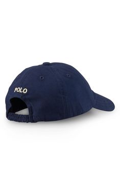 Kids can shade their faces in classic style with this cotton-twill baseball cap sporting a pre-curved bill and iconic polo embroidery. Elasticized back strap 100% cotton Spot clean Imported Cotton Baseball Cap With Logo, Cotton Six-panel Hat With Logo, Cotton Baseball Cap With Curved Brim And Logo, Cotton Hat With Logo Patch And Curved Visor, Cotton Hat With Curved Visor And Logo Patch, Cotton Curved Visor Hat With Logo Patch, Casual Six-panel Hat With Logo, Navy Baseball Cap With Embroidered Logo And Curved Brim, Classic Baseball Cap For Baseball Season With Visor