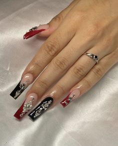 Red Nails Y2k, Y2k Red Nails, Red Nails With Gems, Red Y2k Nails, Cross Nails, Edgy Nails, Baby Nails, Y2k Nails