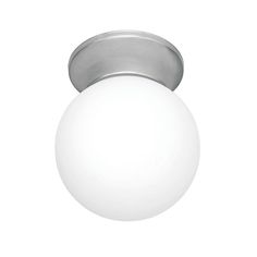 a white light that is on top of a ceiling fixture with a round glass shade