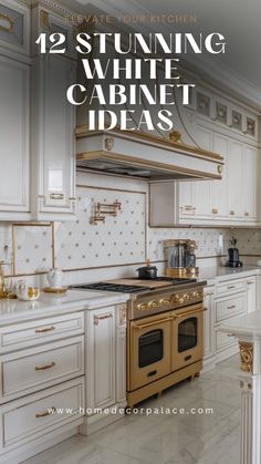 a kitchen with white cabinets and gold trimming on the stove top, is featured in this article