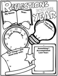 a coloring page with an alarm clock and other things to do in the new year