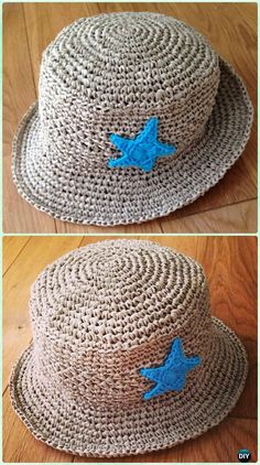 crocheted hat with blue bird applique on the brim and bottom