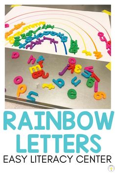 the rainbow letters are made with plastic letters and numbers to spell out their name,