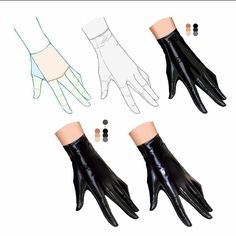 three pairs of black latex gloves with different sizes and colors on each glove are shown