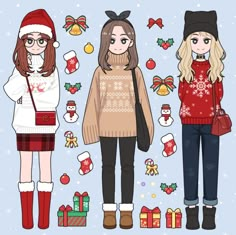 Lily Diary Cozy Winter New Year Christmas Outfits Cute Christmas Outfits Drawing, Christmas Outfit Ideas Drawing, Christmas Outfit Drawings, Christmas Oc Art, Christmas Sweater Drawing, Winter Outfits Drawing, Winter Clothes Drawing