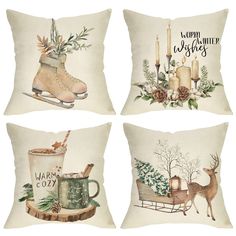 four pillows with winter themed items on them