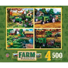 four pictures of farm and country vehicles on the cover of a jigsaw puzzle