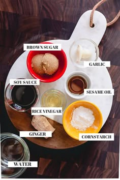 an overhead view of some food on a wooden table with labels describing the different ingredients