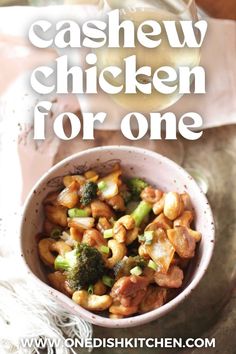 cashew chicken for one in a bowl with broccoli