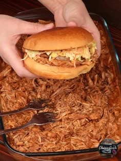 a person is holding a sandwich in a container with shredded wood shavings around it