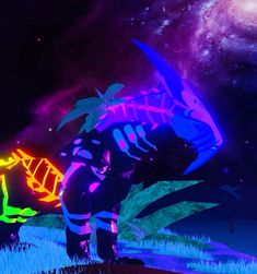 an animated image of a dinosaur in the grass with neon colors on it's body