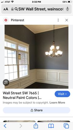 an image of a room that has been painted gray and white with the words wall street sw 7605, neutral paint colors