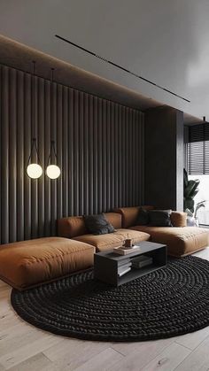 a living room with brown couches and black rug