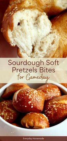 a bowl filled with pretzels and the words sourdough soft pretzels bites for gameday