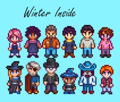 pixel art with the words winter inside in front of an image of people wearing different outfits