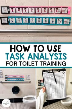 a bathroom with the words, how to use task analyses for toilet training on it