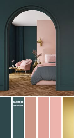 a bedroom with pink and green walls, gold accents and furniture in the color scheme