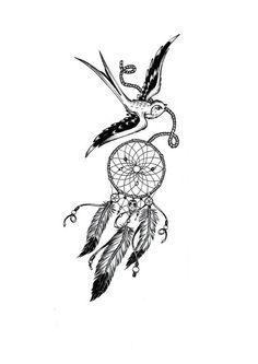 a black and white drawing of a bird flying with a dream catcher on it's back