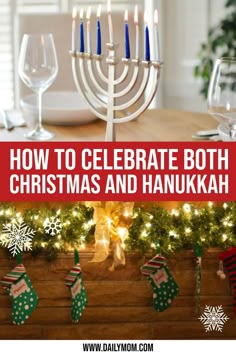 a table with candles and christmas stockings on it in front of a hanukkah menorah