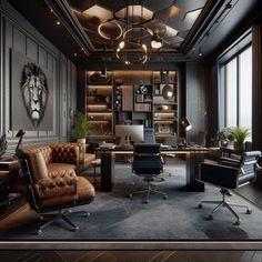 an office with leather chairs and desks