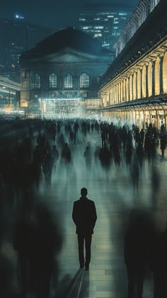 many people are walking around in the city at night, with buildings lit up behind them