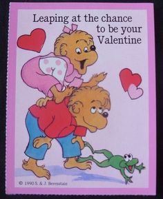 a children's book with an image of two bears hugging each other and the words, leapin at the chance to be your valentine