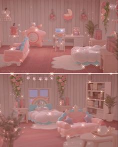 two pictures of a living room with pink furniture and decorations on the walls, one is decorated in pastel colors