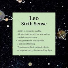 a sign that says leo sixth sense in front of some planets and the stars above it