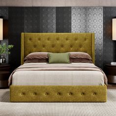 a large bed sitting next to two lamps on either side of the headboard and foot board