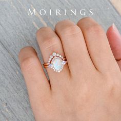 Moonstone Birthstone, Opal Wedding Ring Set, Unconventional Engagement Rings, Rose Gold Halo Engagement Ring, Opal Gifts, Opal Diamond Ring