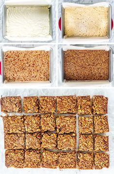 four trays filled with different types of food and one is cut in half to make granola bars