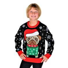 a little boy wearing a christmas sweater with a pug on it's chest