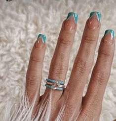 Western Nail Ideas Almond Shape, Simple Western Nails Almond, Simple Accent Nail Ideas, Navy Blue Western Nails, Tourquise Nails Design Short, Nails Acrylic Western Simple, Turquoise Nail Design, Western French Tips, Western Hoco Nails