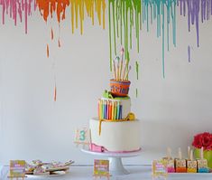 a birthday cake with rainbow drips on the wall behind it and other decorations in front