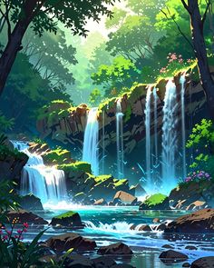 a painting of a waterfall in the forest