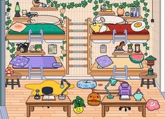 a room filled with lots of furniture next to a wall covered in cartoon characters and plants