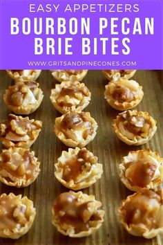 mini bourbon pecan brie bites on a baking sheet with the title text above it