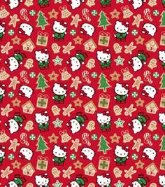 a red background with hello kitty and snowmen on it's sides, all dressed up for christmas