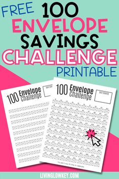 the free printable 100 envelope savings challenge is on display in front of a pink and blue