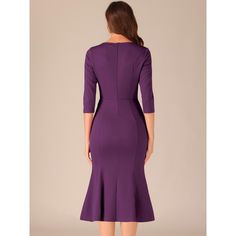 This vintage-inspired dress is a must-have for any fashion-conscious woman looking to add a touch of sophistication and elegance to her wardrobe. With a slim-fit silhouette and a stunning mermaid hem, this dress is the perfect choice for a variety of occasions, from work to church to cocktail events. The 3/4 sleeve design adds a touch of class and elegance, making you feel confident and chic wherever you go. Whether you're looking to stand out at the office or make a statement at a special event Fitted Evening Dress With 3/4 Length, Fitted Evening Dress 3/4 Length, Evening Dress Fitted 3/4 Length, Formal Fishtail Midi Dress, Purple Fitted Fishtail Dress, Elegant Fitted Fishtail Bodycon Dress, Elegant Stretch Midi Dress With Mermaid Hem, Elegant Fishtail Bodycon Dress, Fitted 3/4 Length Party Dresses