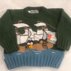 Brand New With Tags/Pit To Pit 12”/Pit To Wrist 10”/Length (Shoulder To Bottom) 13 1/2”/ Adorable Pirate Ship, Bird Island And Map Sweater. Embroidery Is Wonderful-Design Is Full Of Detail/Smoke Free Environment(92) Sweater Embroidery, Handmade Knitwear, Pirate Ship, Cotton Sweater, Colorful Sweaters, Kids Shirts, Sweater Top, Shirts Tops, Kids Shop