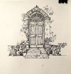 an ink drawing of a door and steps