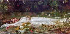 a painting of a woman laying on the ground in water with flowers and plants around her