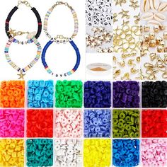 various types of beads and chains with different colors in the bottom row, top row, bottom row, bottom row