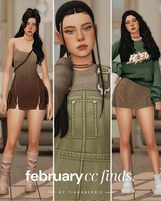 three different images of a woman in short skirts and high heeled boots, with the caption'february cc finds '