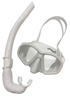 a white diving mask and snorkels on a white background