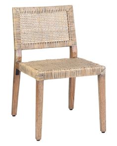 a chair made out of wood and wicker with a white back drop down to the seat