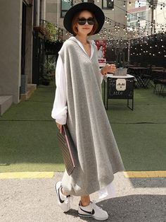 Sku CY-!5917 Material Woolen Style Loose , Plus Size Occasion Casual Neckline V-neck Seasons Spring , Autumn , Winter Type Maxi Dresses Color GRAY Size FREE SIZE Size chart: Please consult the size chart we provide for this item's measurements to help you decide which size to buy. CMINCH Cm Bust Length FREE SIZE 120 118 Long Knit Vest, Mode Kimono, Long Knitted Dress, Tunic Pattern, Mode Casual, Linen Maxi Dress, Long Knit, Long Shirt Dress, Knit Vest