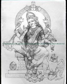 a pencil drawing of the goddess sitting on top of a table with an owl nearby